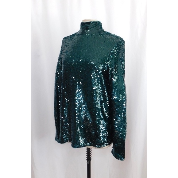 NWT!! ZARA Green Sequin High Mock Neck Top Blouse Stretch St Patick’s Day Medium - Picture 6 of 16